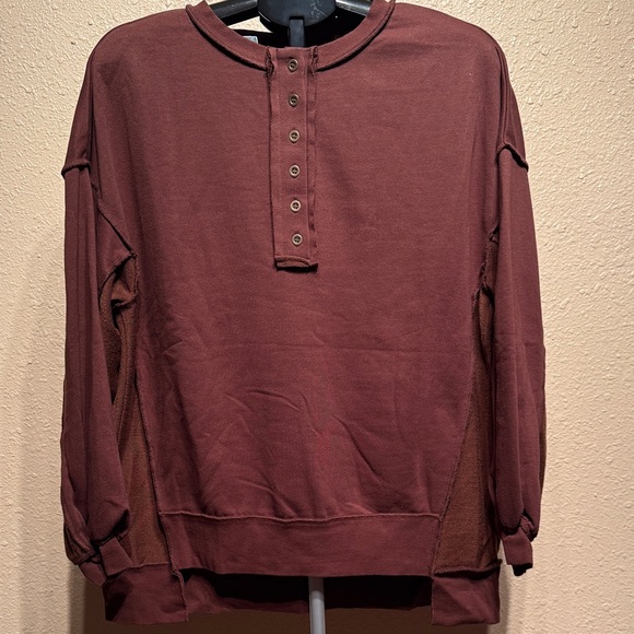 Tops - Brown sweatshirt relaxed size medium two tone button ruffle distress detail NEW